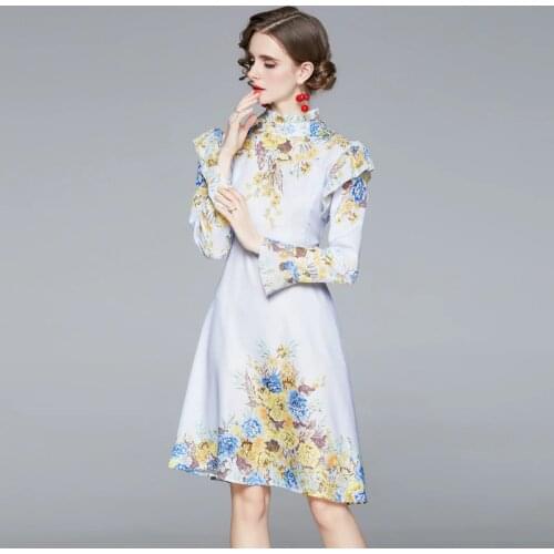 Women Spring Designer Elegant Floral Print Dress Fashion Office Party Robe Female Vintage Ruffles A-Line Dress Vestidos