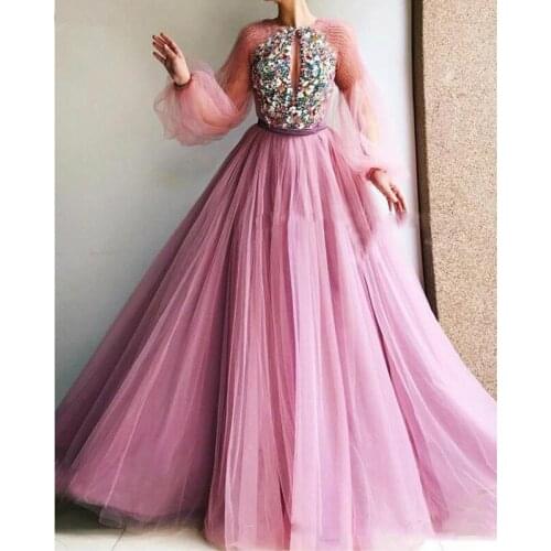 Luxury Crystals Tulle Prom Dresses Long Sleeves Lavender A Line Vintage Evening Dress Cheap Sparkly Party Gowns robe de soiree