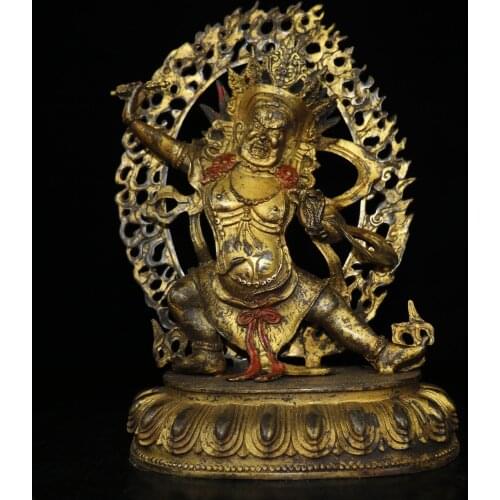12" Tibet Buddhism Temple Old Bronze Gilt Cinnabars Vajrapani Buddha Statue Vajra Bodhisattva Secret Lord Buddha Big Black Sky