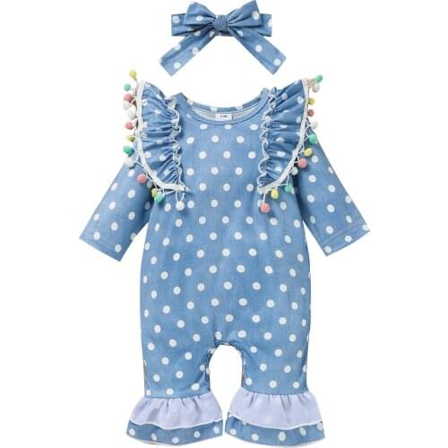 2Pcs Baby Girls Clothes Romper Outfit Dot Print Plush Ball Decoration Lace Long Sleeve Round Collar Flared Jumpsuit + Headwear