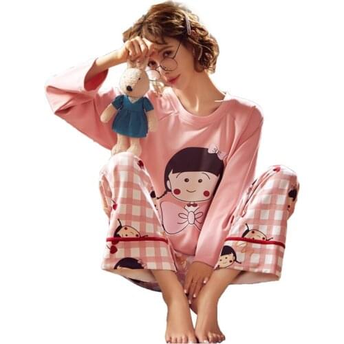 2020 Women Cotton Pajamas Sets with Pants Long Sleeve O-Neck Collar with Pocket Pyjama Cute Cartoon Pullover Top+Pants Pijamas