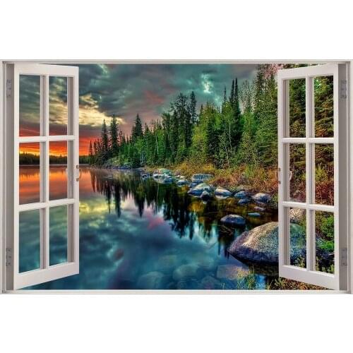 3D Effect Window View WALL STICKERS Twilight Forest Lake Frame Vinyl Decal Decor Mural Kitchen Bathroom motorbike wall art