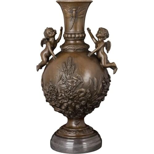 Bronze Antique Vase with Angels Statue Sculpture European Western Classical Copper Metal Art Figurine Decor