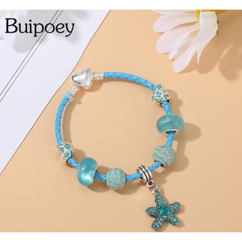 Buipoey Summer Ocean Style Cyan Leather Bracelets For Women Blue Heart Beads Starfish Pendant Charm Bracelet Boy Girl Gifts