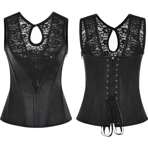 Black Sexy Lace Patchwork Leather Steampunk Waist Trainer Corset Vest Gothic Lace Up zipper Side Corsets Top S-6XL Plus Size