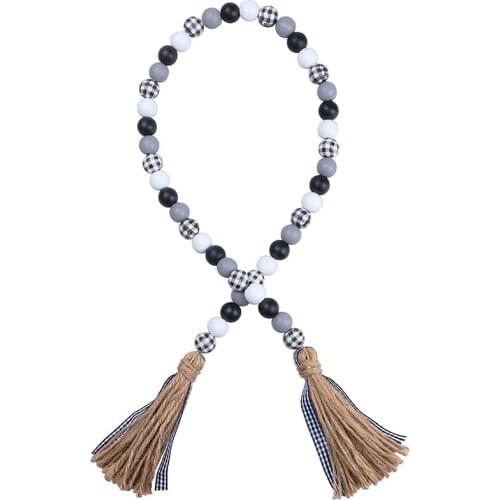 Farmhouse Wood Bead Garland, Rustic Black White Grey and Plaid Wooden Bead Garland with Jute Rope Buffalo Plaid Ribbon