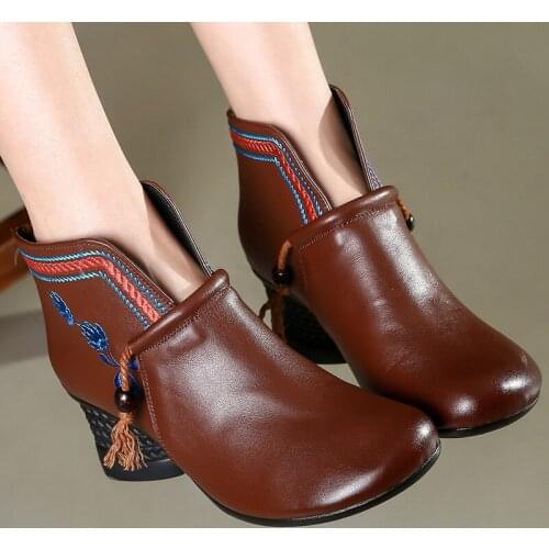 Gykaeo New National Style Handmade Retro Genuine Leather Boots Women High Heels Ankle Boots Female Winter Shoes Zapatos De Mujer