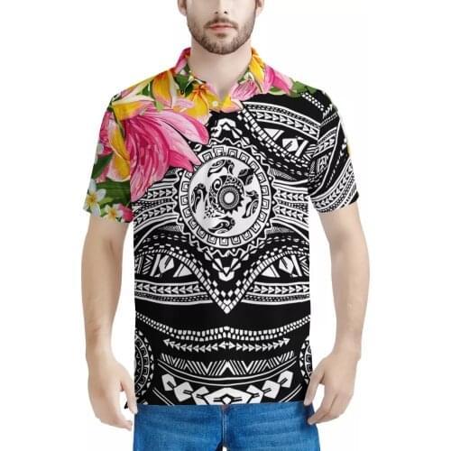 HYCOOL Wholesale Customized Fashion Plus Size Mens Shirt Polynesian Tribal Print Black Polo Shirts for Men 2021 Mens Clothing