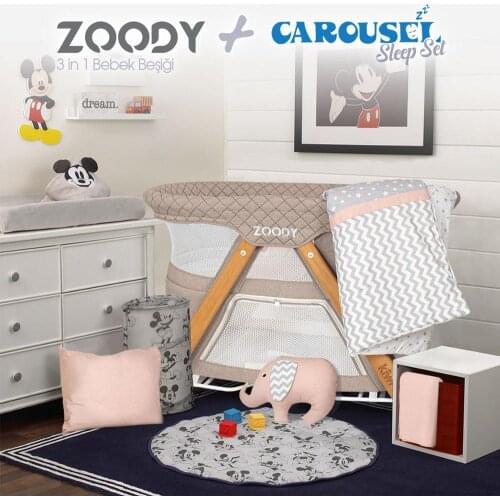 Kiwi Zoody Park Yatak&Carousel Uyku Seti(Bebek Beşiği&Park Yatak,Yorgan,Çarşaf,Yastık,Yastık Kılıfı,Fil Oyun Arkadaşı)