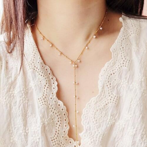 Lii Ji Freshwater Pearl Shell Butterfly 14K Gold Filled Y Style Choker Necklace For Wedding Party Birthday Gift