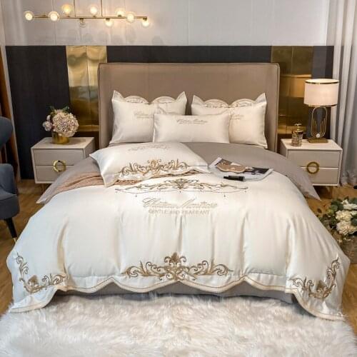 Golden Embroidery Luxury Bedding Set Satin Silk Cotton Duvet Cover Set Quilt Cover Bed Comforter Set Fitted Sheet Pillowcases