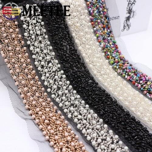 2yards 3cm Pearl Beaded Lace Trim Mesh Sequins Lace Ribbon Fabric Weding Dress Collar Sleeve Lace Applique DIY Crafts