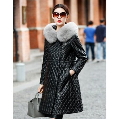 Genuine Leather Jacket Winter Coat Women Real Sheepskin Coat Female Fox Fur Hooded Cotton Padded Outerwear Parka WYQ849