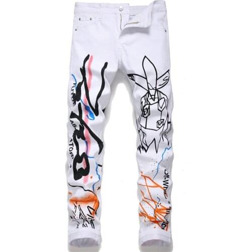 Fashion Printed White Mens Sweatpants Slim Stretch Straight Pencil Pants 2020 Fall Mens Street Casual Pants