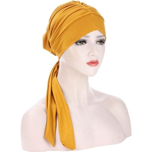 Muslim Fashion Women Ruffled Turban Cap Tie Back Inner Hijab Caps Long Tail Bonnet Femme Musulman Headwear Hair Loss Hat