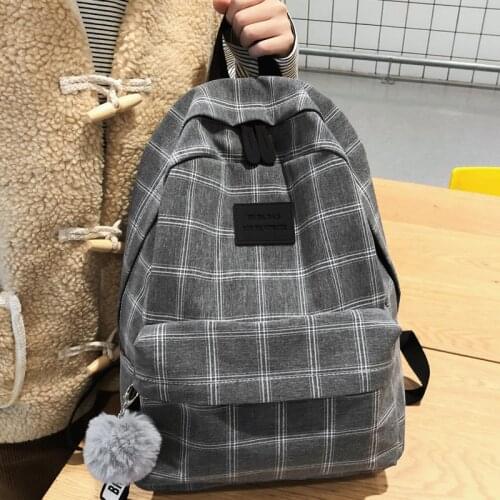 New Cotton Women backpack Female Plaid School Bag for Teenage Girls High quality Travel Backpacks Hair ball Book Mochilas