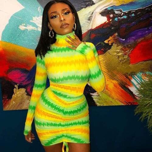 Autumn Winter Turtleneck Sexy Mini Dress Women Drawstring Ruched Long Sleeve Dresses for Women Sheath Party Club Bodycon Dress