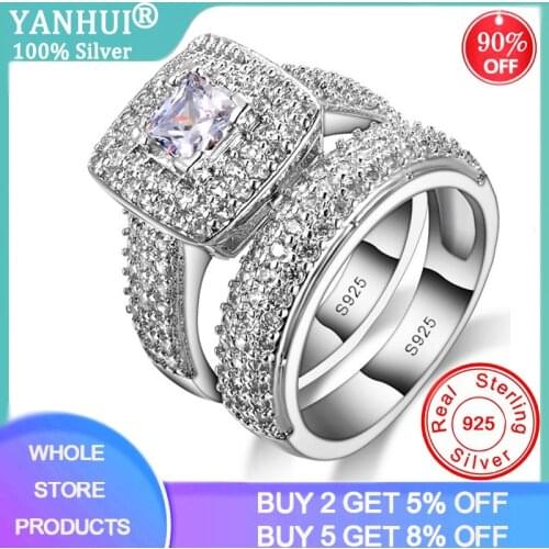 With Certificate Luxury Real 925 Silver Wedding Bands Ring Set Inlay 5A Cubic Zirconia Couple Pair Rings Fine Jewelry For Women