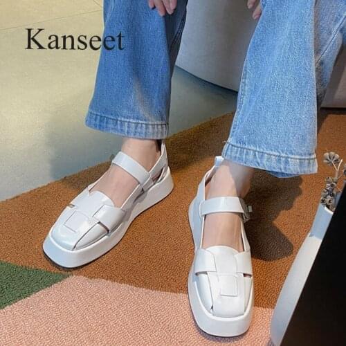 Kanseet Flats Shoes Womens Sandals Buckle Shoes 2021 Summer Sandals For Women Genuine Leathe Handmade Ladies Beach Daily Shoes