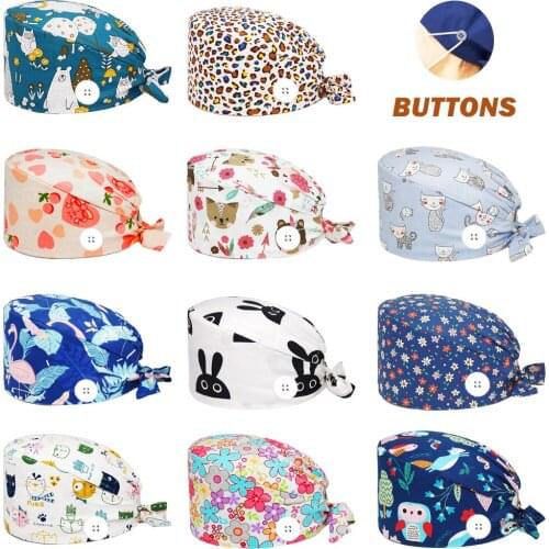 Pure Cotton Scrub Cap Anime Printing Adjustable Working Nursing Hats Beauty Salon Lab Dentist Clinic Pet Shop Working Scrubs Hat