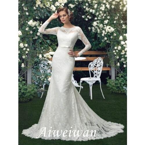 Trumpet/Mermaid Long Sleeves Floor-Length Court Scoop Bowknot Lace Wedding Dress 2021