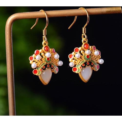 Hetian Jade S925 Sterling Silver Gold Plated White Jade Pearl Ancient Style Chinese Essence Enamel Face Earrings Female Court Ea