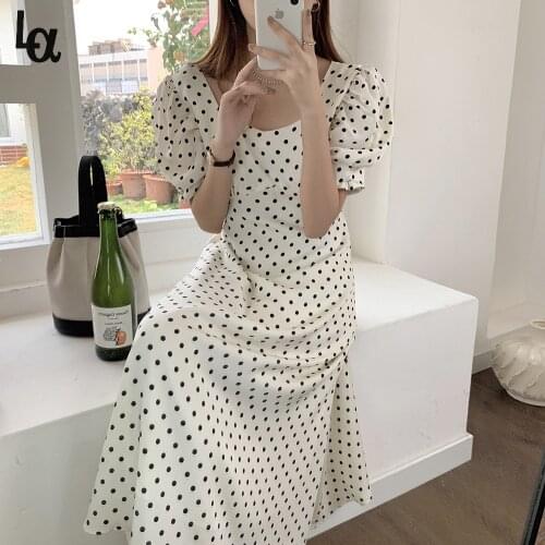 Luck A Femme Retro Short Sleeves Long Dresses 2021 Loose High Waist Elegance Summer Vintage Lady Polka Dots Prom Vestidos