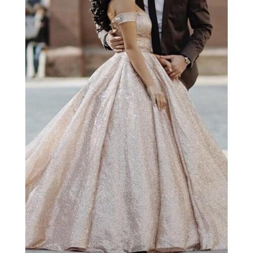 2020 Glitter Gold Prom Dresses Long Off Shoulder Zipper Back Ball Gown Sparkly Formal Evening Party Gowns Robe De Soiree