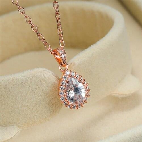 Vintage Female Crystal Stone Pendant Necklace Rainbow Zircon Water Drop Necklace Boho Rose Gold Silver Color Necklaces For Women