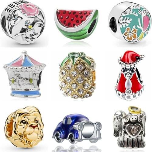 High Quality Enamel Car Watermelon Robot Carousel Pineapple Crystal Beads Fit Original Pandora Charms Bracelets for Women DIY