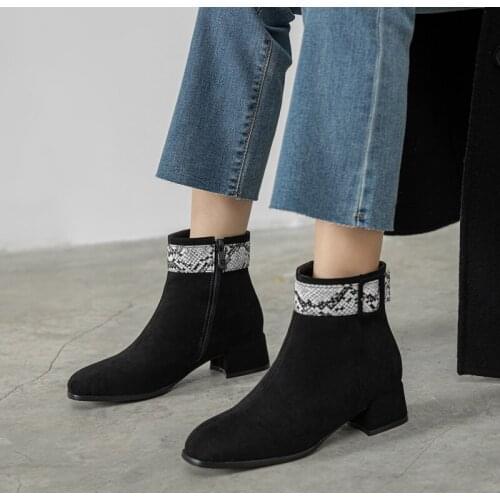 Plus Size 34-48 Nature Flock Leather Ankle Boots Side Zipper Black Beige Autumn Winter Boots Women Fashion Ladies Short Boots