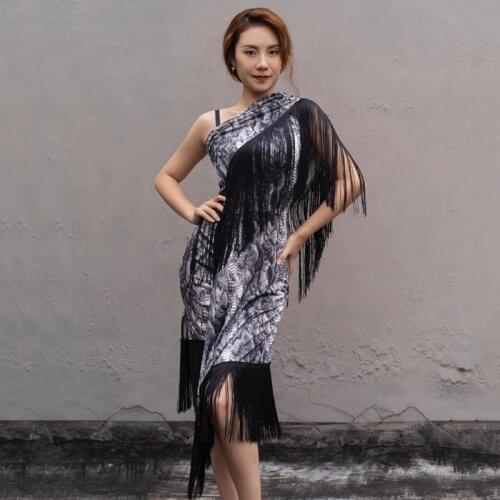 Latin Dance Costumes Women Sexy Snake Print Fringed Dress Latin Performance Clothing Modern Samba Tango Practice Dress DNV14168
