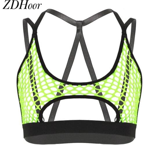Womens Hollow Out Fishnet Vest Crop Tops Halter Neck Elastic Crisscross Back Cutout Underboob Tank tops Rave Party Club Costumes