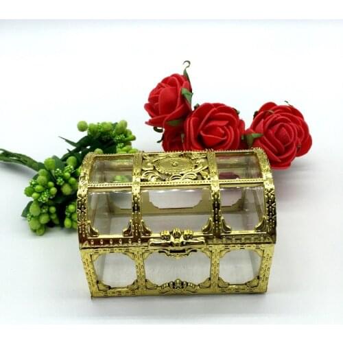 100pcs Free shipping top grade golden silvery transparent plastic treasure chest wedding candy box gift boxes wen4588