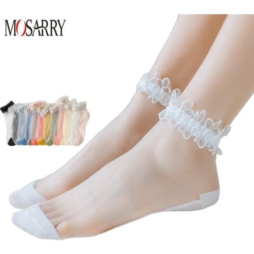 5 Pairs/Set Summer Ultrathin Women Ankle Socks White Transparent Silk Korean Style Sexy Lace Socks For Female