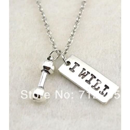 Antique silver plated beauty dumbbell and Vintage Rectangle I WILL sports necklace