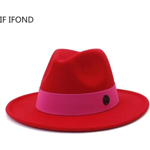 British Style Men Women Wool Wide Brim Felt Fedora Hat Formal Party New Fashion M Letter Ribbon Elegant Lady Jazz Trilby Hat