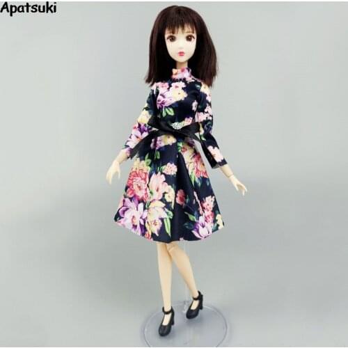 Flower Print Black Doll Dress For Barbie Clothes Outfits Dancing Costume Party Gown For Barbie 1/6 BJD Dolls Kids & Baby Toy