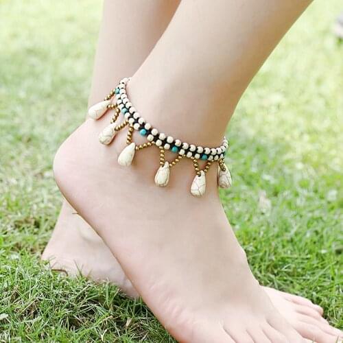 European and American Bohemian Style Semi-precious Stone Womens Anklet Wax Thread Hand-woven Beach Vacation Female Anklet