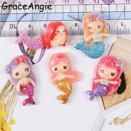 GraceAngie 12pcs/lot Multi Color Resin Mermaid Cartoon Charms Hair Accessories Ornament Phone Decor DIY Jewelry Making Findings