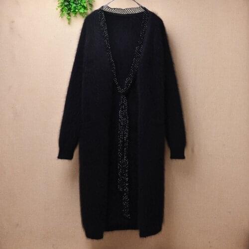 Top quality female women plush beading bowtie mink cashmere knitted long sleeves loose cardigans mantle angora fur jacket coat