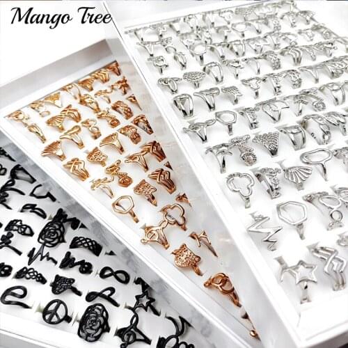 30 Pcs/Lot Fashion Hollow Out Finger Rings Charm Stainless Steel Band Women Man Mix Flower Butterfly Crown Party Jewelry Gifts