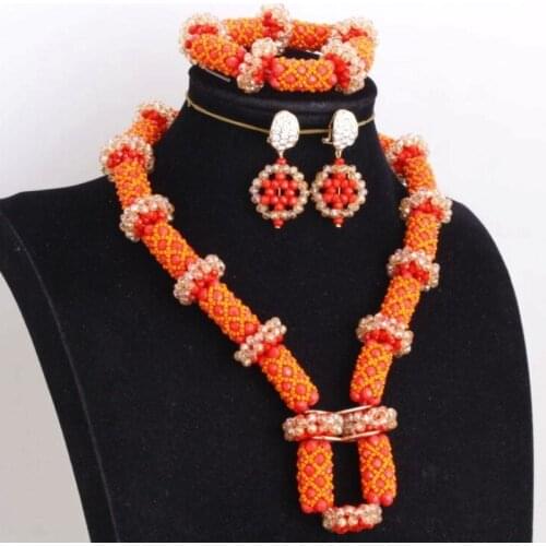 Dudo Orange and Gold African Beads Jewelry Set one Layer Necklace Set Dubai With Bracelet and Earrings 2020 Jewellery Set New