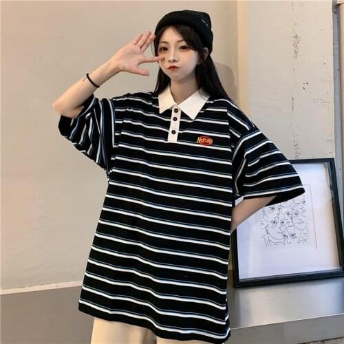 Summer Korean Style Striped Polo Short-Sleeved Shirt Womens Clothes For Teenagers t Vintage Simple Kawaii Loose Clothes