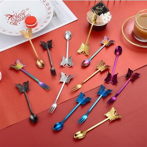Stainless Steel Coffee Spoon Butterfly Design Fruit Fork Stirring Milk Teaspoon Dessert Snack Scoop Ice Cream Spoons Tableware