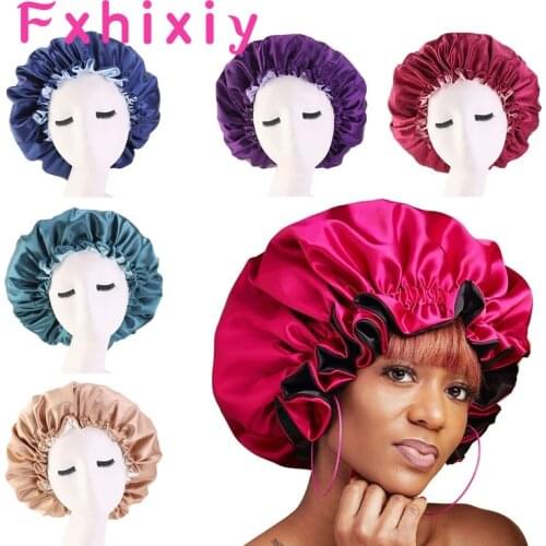 New Reversible Satin Silky Bonnet Double Layer Adjustable Size Sleep Night Cap Headwrap Bonnet Hat for Curly Springy Hair Black