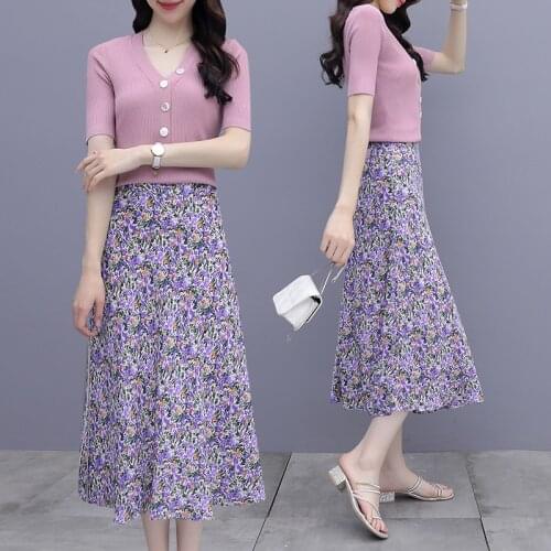 New Slim V-neck Chiffon Suit Dress Spring Summer Skirt Set Two-piece Set Suit Ensemble Femme Survetement Year-old Female Costume