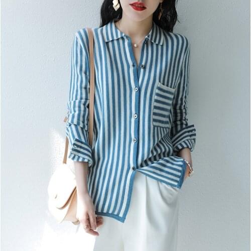 Striped Sweaters Hot Sale Women Jackets Cardigans 100% Australian Wool Knitting Sweaters Shirt Collar Women Sweaters