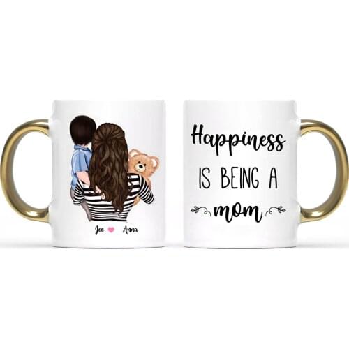 Personalized Coffee Mug Family Mom and Son cup Creative DIY mug Gold handle Happiness Is Being A Mom Gift Mugs Cups