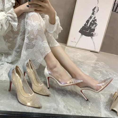 Spring transparent pointed stiletto high heel bridal wedding shoes white wild shallow mouth rhinestone party dress womens shoes